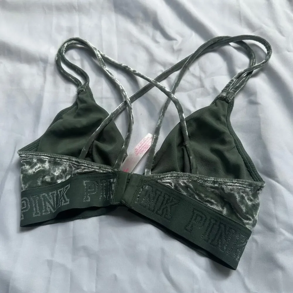 Victoria's Secret PINK dark green velvet strappy bralette sz XS